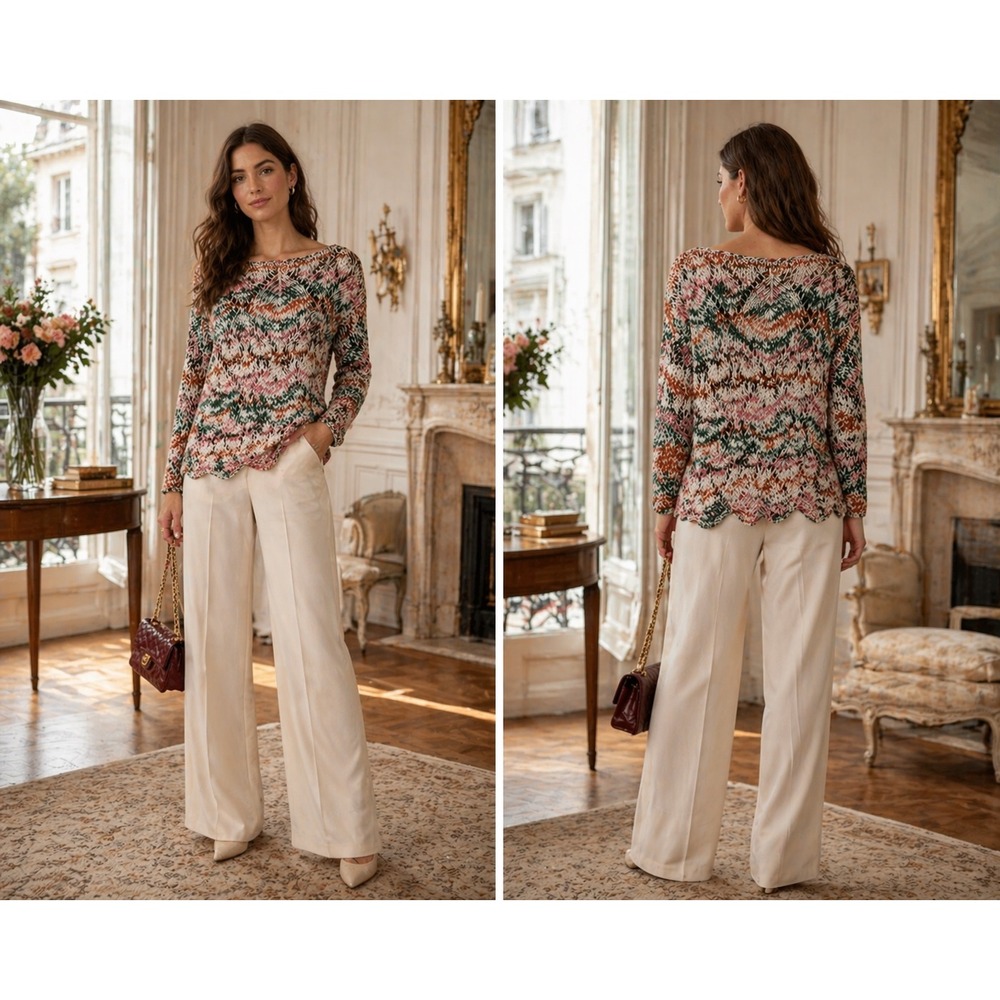Beulah Style Chevron Open Knit Scalloped Boho Sweater Size One Size